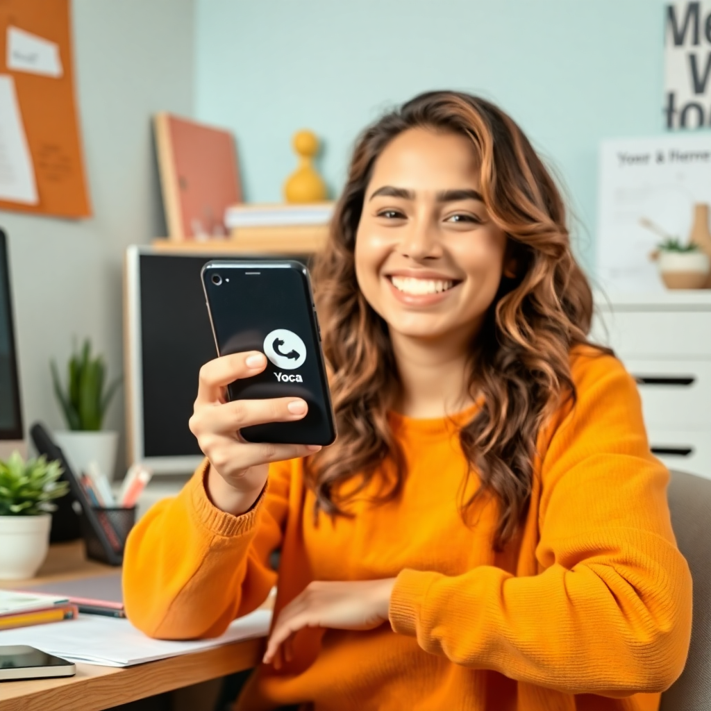 happy person using smartphone with Yoca app, organized workspace, achieving goals, bright warm colors, success and flow state