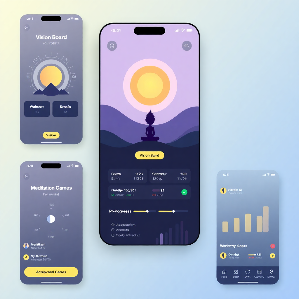 comprehensive mobile app interface showing multiple features: vision board, meditation games, progress tracking, achievement system, modern UI design