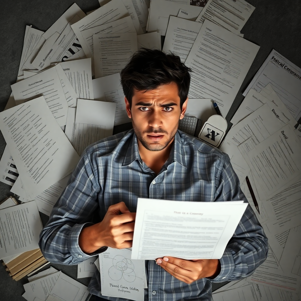 person looking stressed and overwhelmed with scattered papers, to-do lists, and planning materials, muted colors, realistic style