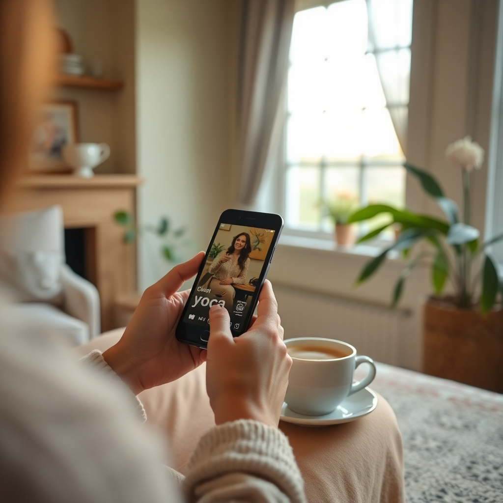 person using Yoca app in cozy morning setting with coffee, peaceful atmosphere, natural lighting, lifestyle photography